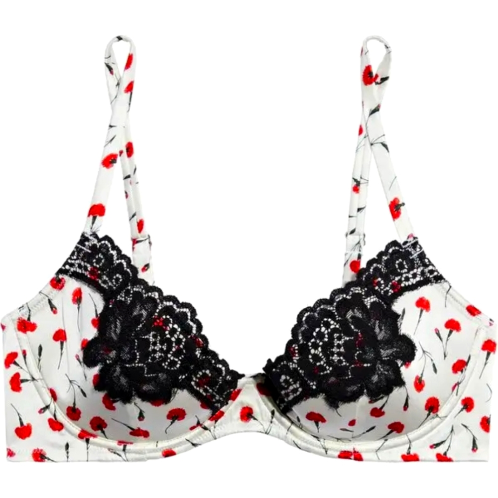 Red and white floral silk Fleur Du Mal lace bra